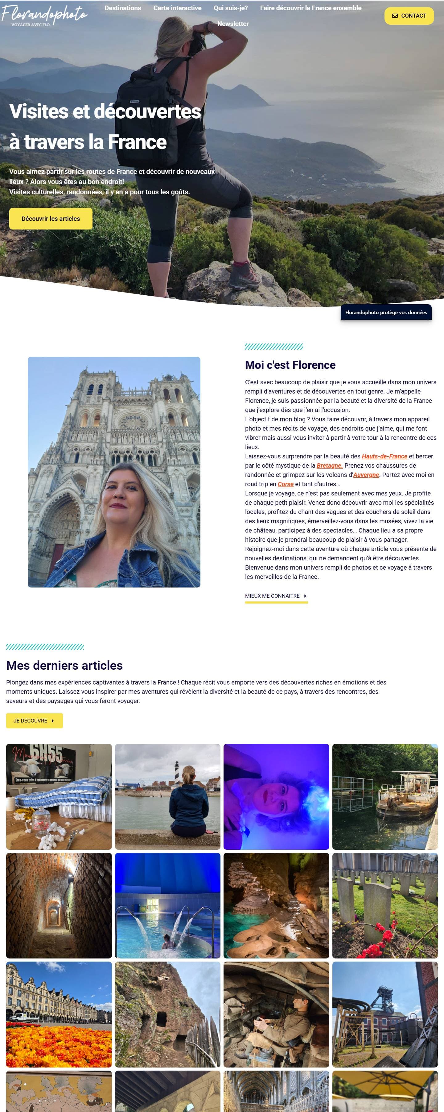 La page d'accueil du blog, de haut en bas : la photographe en montagne, puis les dernières visites racontées
