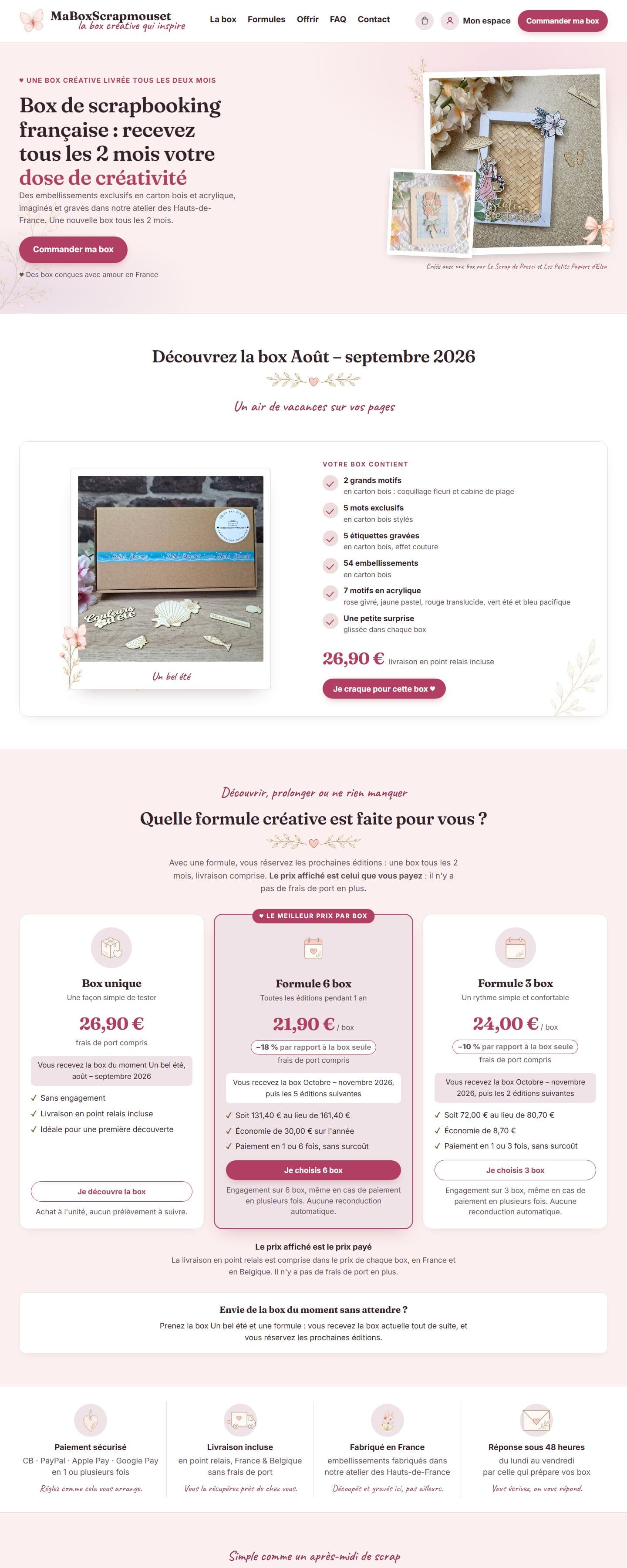 La page d'accueil de la boutique, de haut en bas : la box du moment, son contenu, les trois formules