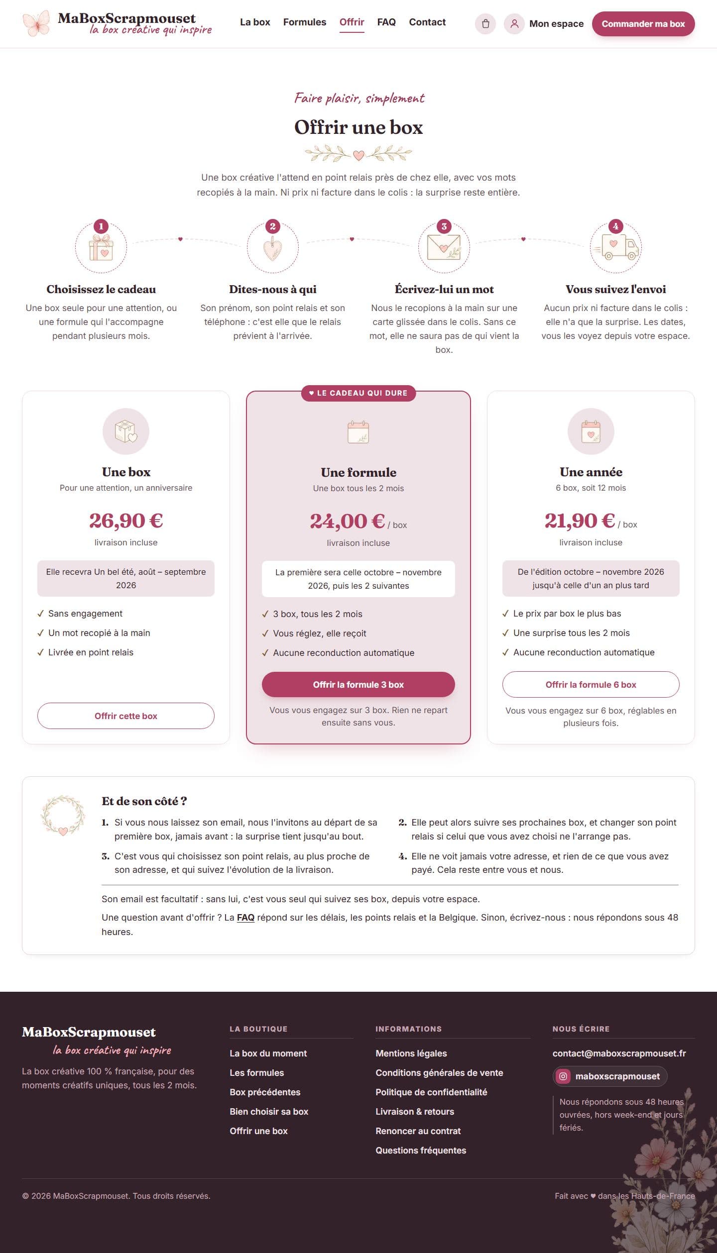 La page pour offrir une box, avec les formules et le bon cadeau