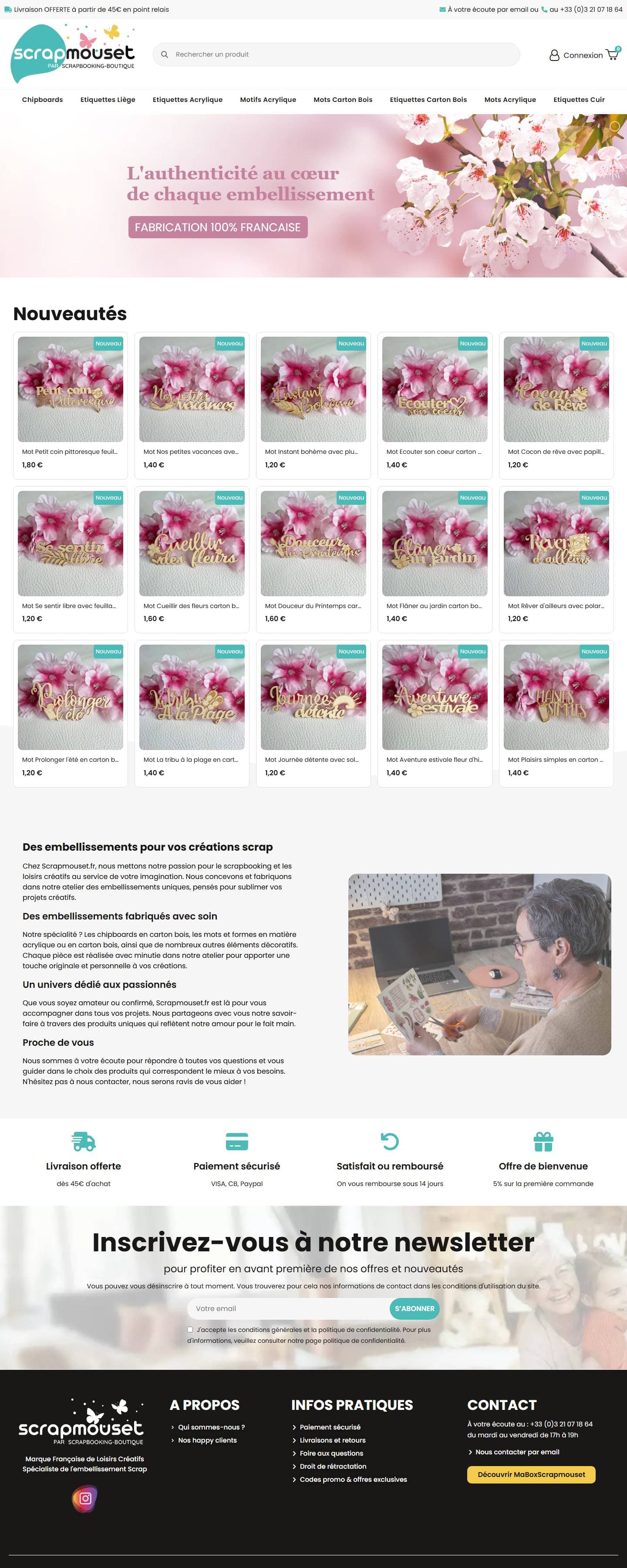 La page d'accueil de la boutique, de haut en bas : les nouveautés, la présentation de l'atelier, les garanties