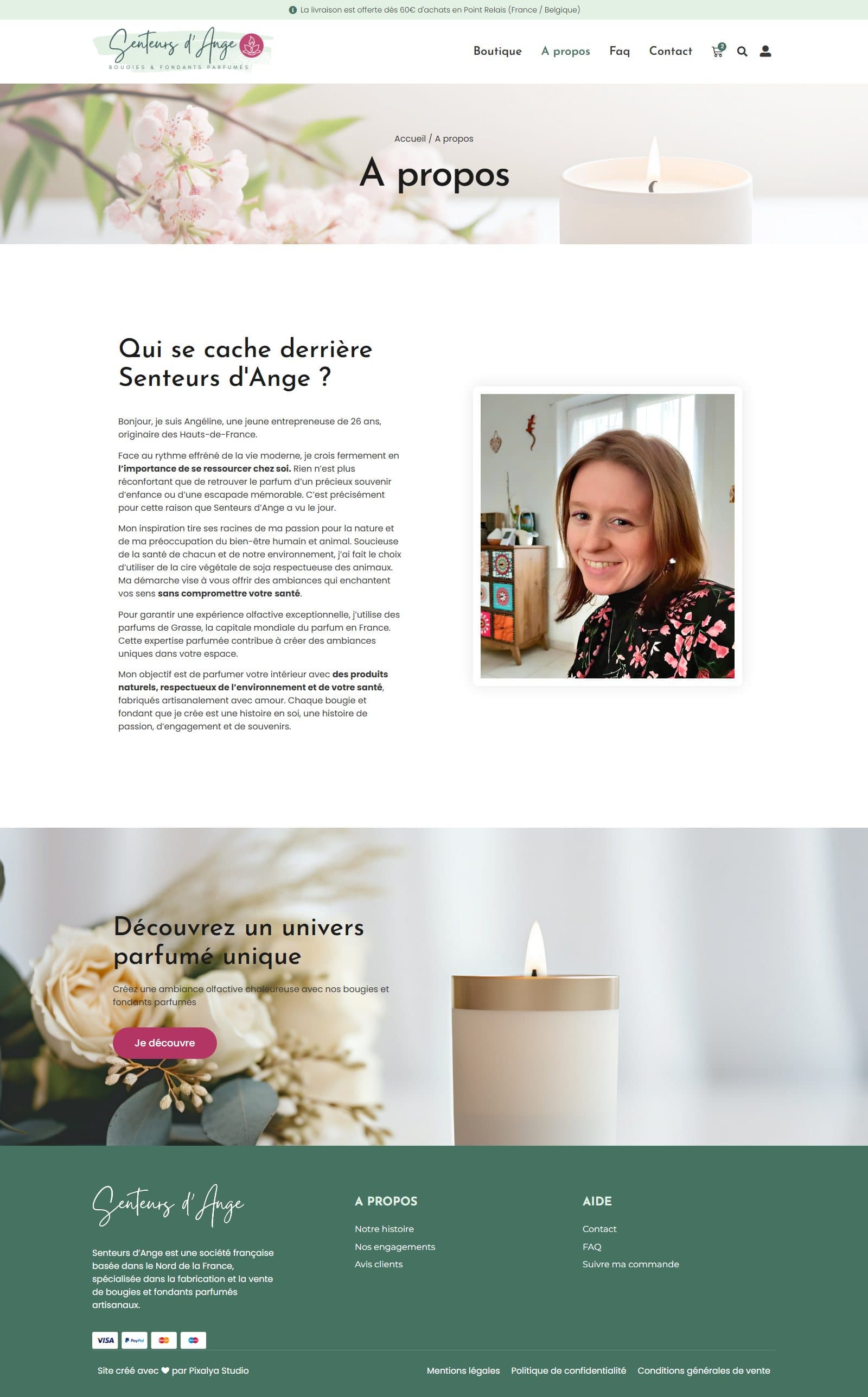 La page « À propos » : la créatrice se présente, sa cire de soja, ses parfums de Grasse et sa fabrication à la main