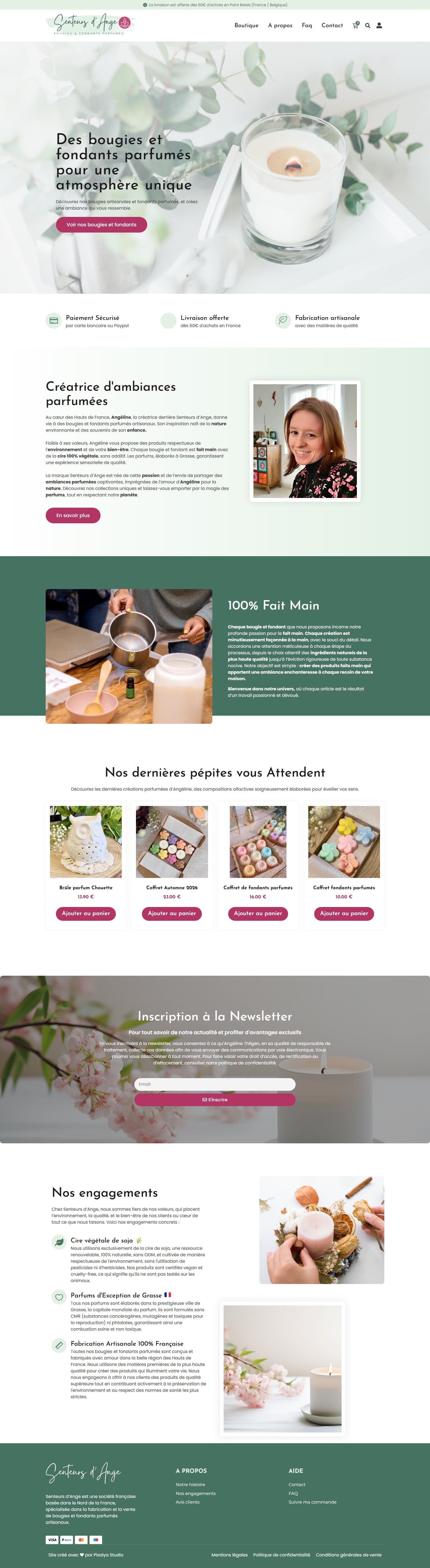 La page d'accueil de haut en bas : la promesse, les garanties de paiement et de livraison, la créatrice dans son atelier, les quatre créations du moment, puis les engagements sur la cire et les parfums