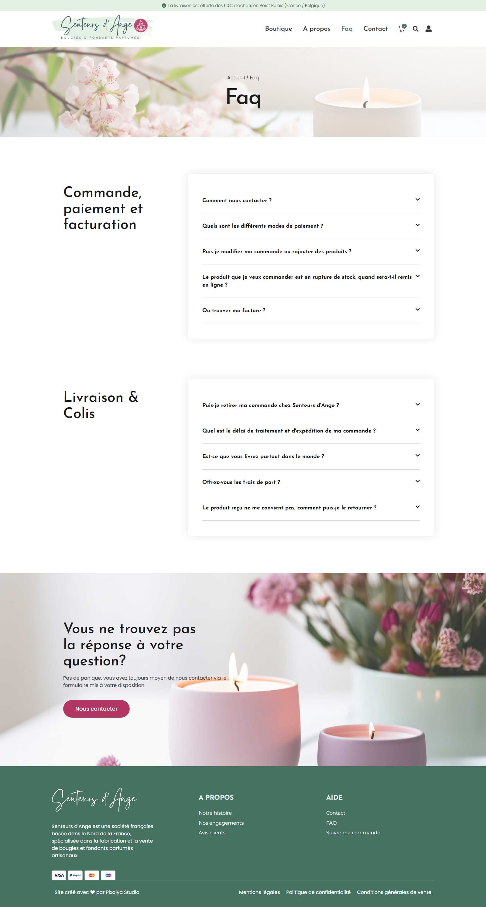 La foire aux questions, rangée en deux thèmes : commande, paiement et facturation d'un côté, livraison et colis de l'autre