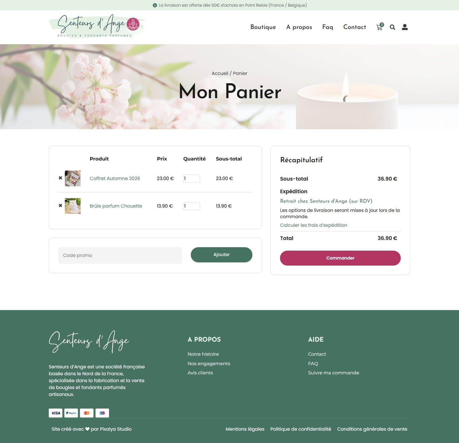 Le panier : deux articles, leur quantité modifiable, le champ de code promo et le récapitulatif avec le choix du mode de retrait