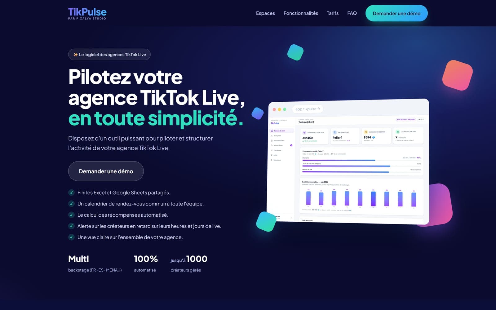 Tableau de bord de direction : volumes de live, paliers atteints, retards signalés