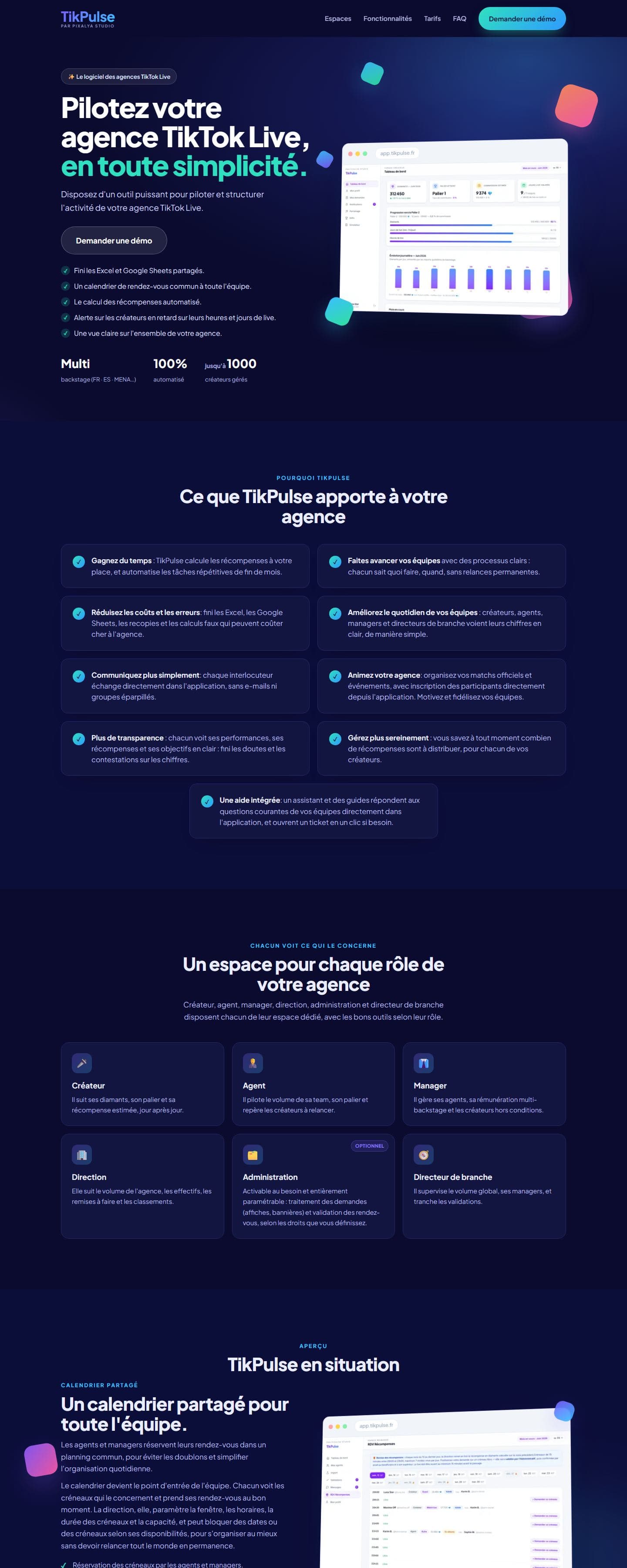 La page d'accueil de TikPulse, de haut en bas : promesse, chiffres, aperçu de l'application