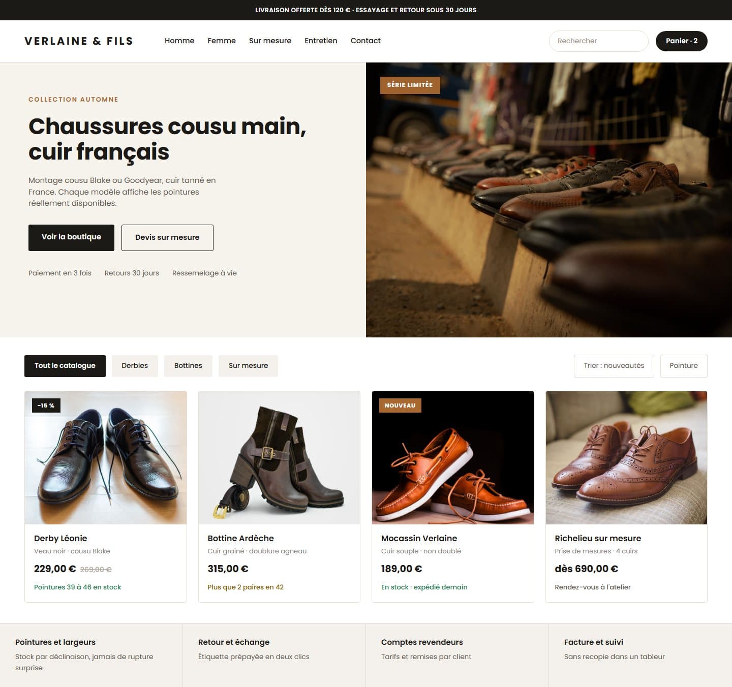 L'accueil de Verlaine & Fils sur un écran d'ordinateur