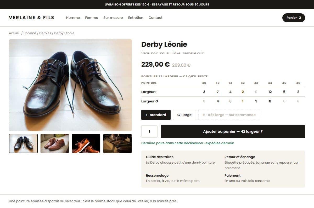 Fiche produit : chaque pointure affiche son stock réel et son délai d'expédition
