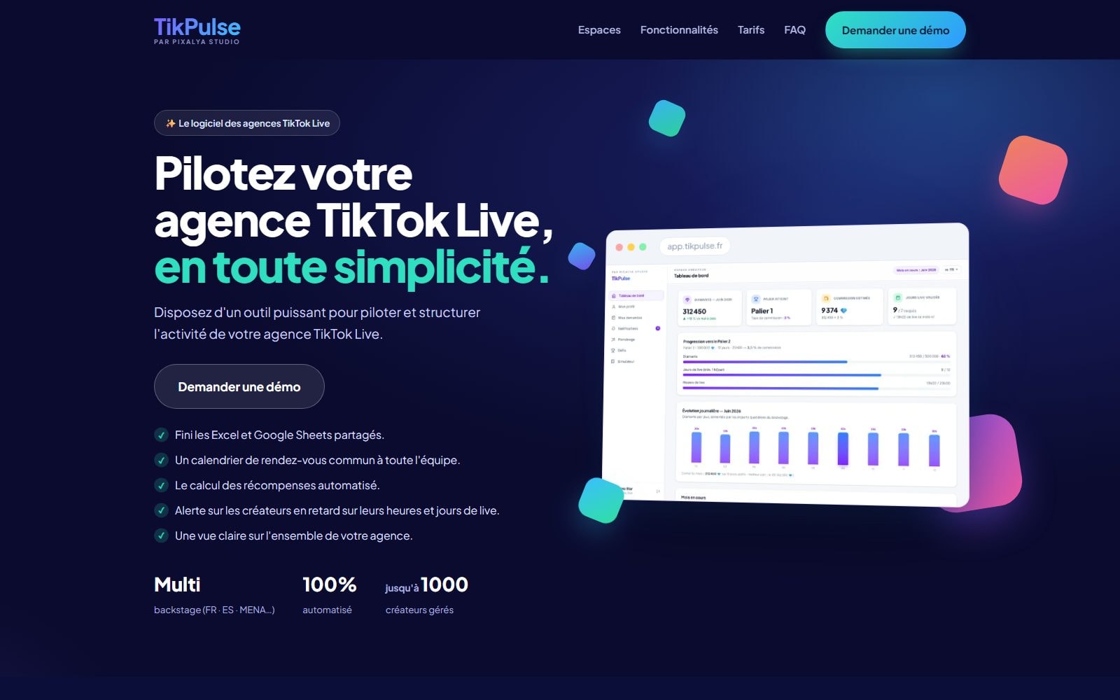La page d'accueil de TikPulse, le logiciel des agences TikTok Live, avec son tableau de bord de suivi des diamants, des paliers et des jours de live