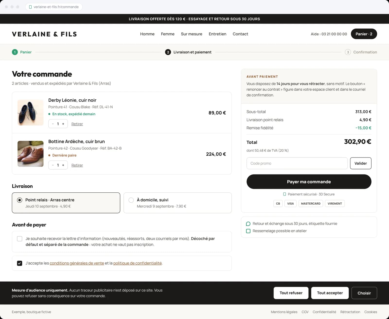 Bandeau de consentement ou page CGV refaite
