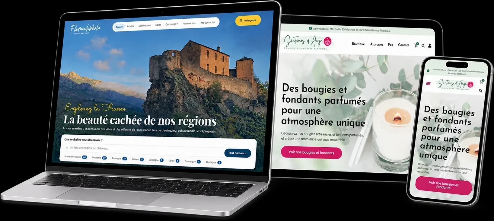 Le site Florandophoto sur ordinateur portable, le site Senteurs d'Ange sur tablette et sur téléphone
