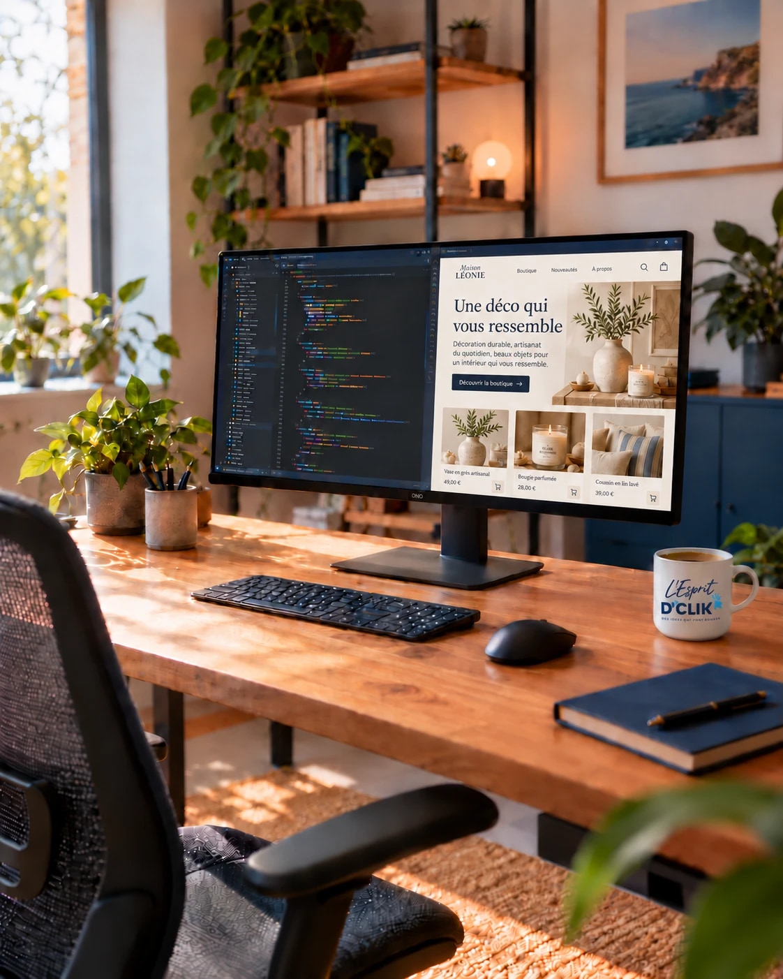 Un bureau lumineux : un grand écran partagé entre du code et le site d'une boutique en ligne, un clavier, un mug « L'Esprit D'Clik » et un carnet bleu nuit