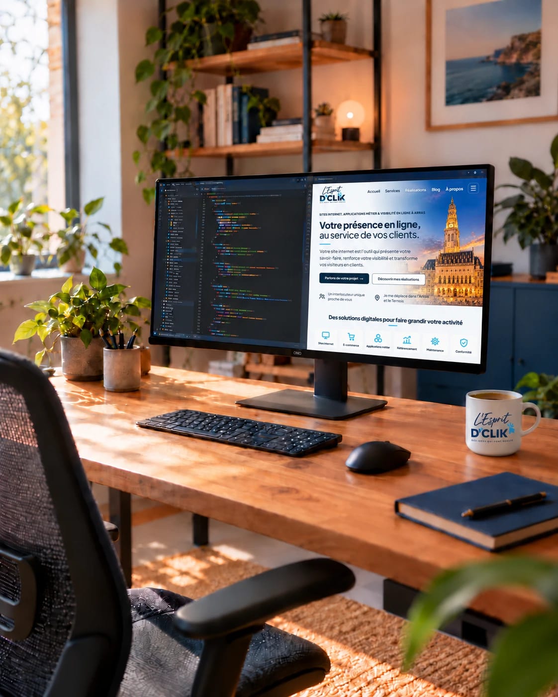 Un bureau lumineux : un grand écran partagé entre du code et la page d'accueil du site L'Esprit D'Clik, un clavier, une souris, un mug « L'Esprit D'Clik » et un carnet bleu nuit