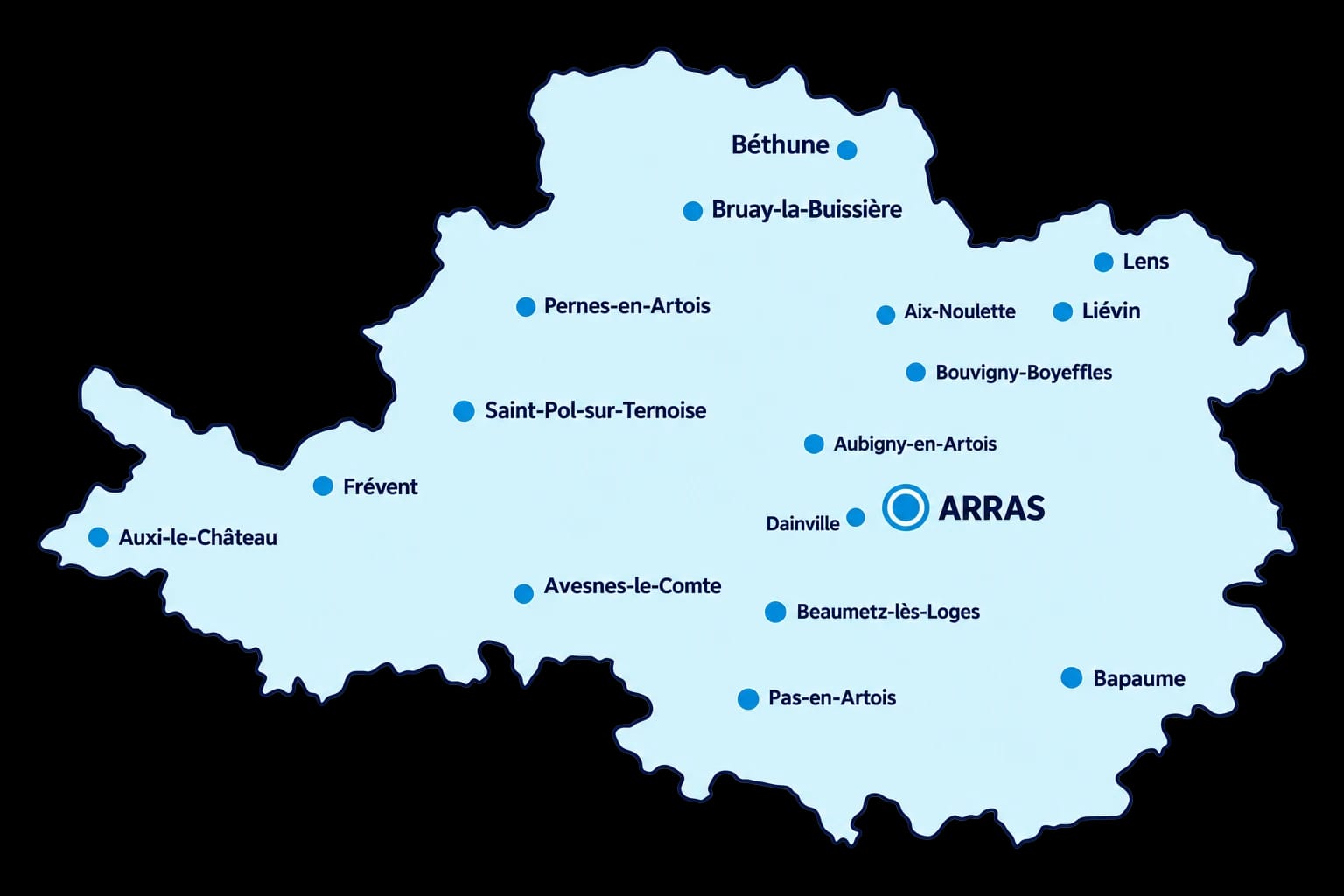 Carte de la zone d'intervention en Artois et dans le Ternois, d'Arras à Saint-Pol-sur-Ternoise et de Béthune et Lens à Bapaume, avec Bouvigny-Boyeffles et Beaumetz-lès-Loges